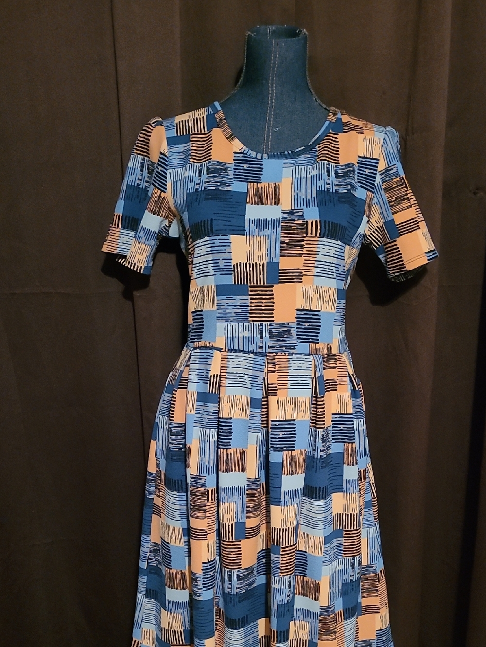 LuLaRoe Blue and Tan Geometric Midi Dress Melanie